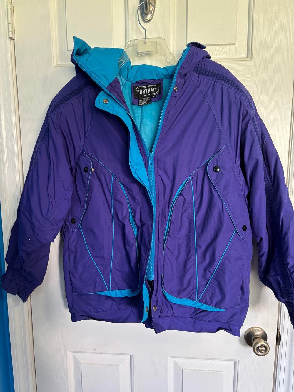 Vintage Portrait Ski Jacket S Purple Neon Teal Colorblock 80s 90s Puffer Coat